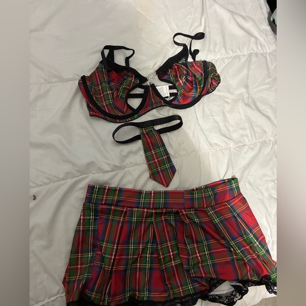 Red Plaid Lingerie Set with Mini Tie